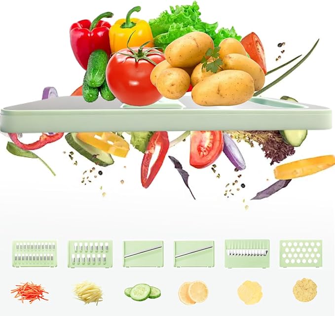Stainless-Steel Mandoline Slicer for Kitchen, 6-in-1 Vegetable & Cucumber Slicer with Safety Guard, Easy-Clean Design, Compact Space-Saving Tool for Daily Salad & Meal Prep (Mint Green)