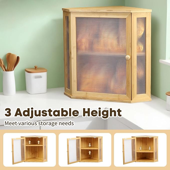 Corner Bread Box for Kitchen Countertop - Bamboo Large Capacity Bread Storage Bin with Acrylic Wavy Door Panel,Bread Box (Natural,Extra Large)