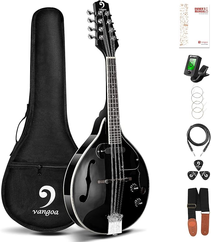 Vangoa Mandolin Instrument Mahogany Acoustic Electric A Style Mandolin Musical Instrument for Beginner Adults Teens Kids, Black