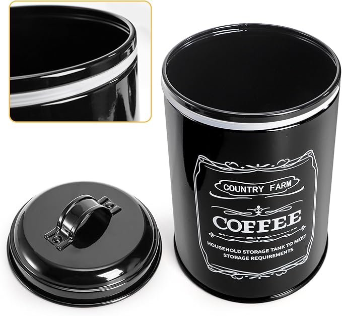 yarlung Metal Bread Box with 3 Kitchen Canisters Set, Large Black Farmhouse Bread Tin for Kitchen Countertop, Coffee Tea Sugar Canister with Airtight Lid for Pantry Organizer Home Storage