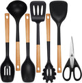 QMVESS Silicone Cooking Utensils Set, Kitchen Utensils Set 7 Pcs with Long Wooden Handle, Food Grade and Heat Resistant Large Silicone Spatula Set for Nonstick Cookware, BPA Free（Black）