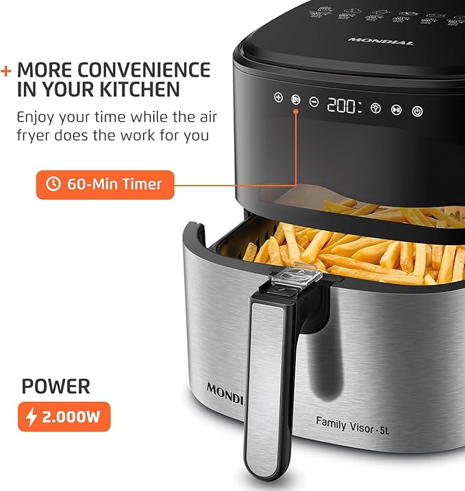 Mondial - Air Fryer Digital Visor Inox 5.3QT Capacity - High Power & Elegant Stainless Steel Finish - Black & Inox