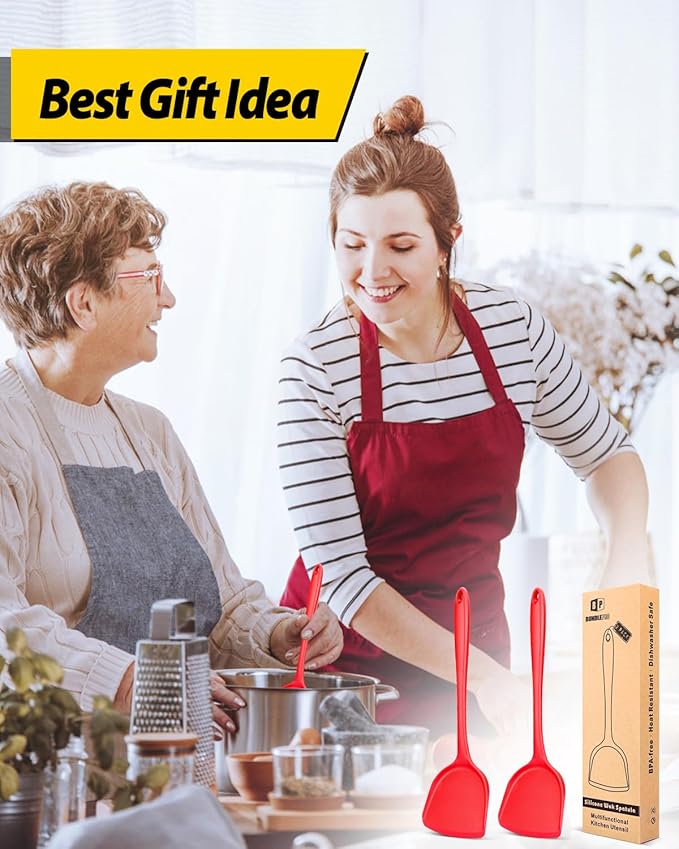 Pack of 2 Silicone Wok Spatula, Non-Stick, Heat Resistant, Easy to Clean and Dishwasher Safe, Seamless Kitchen Utensil for Cooking, Baking, Stir-Fry (Red)
