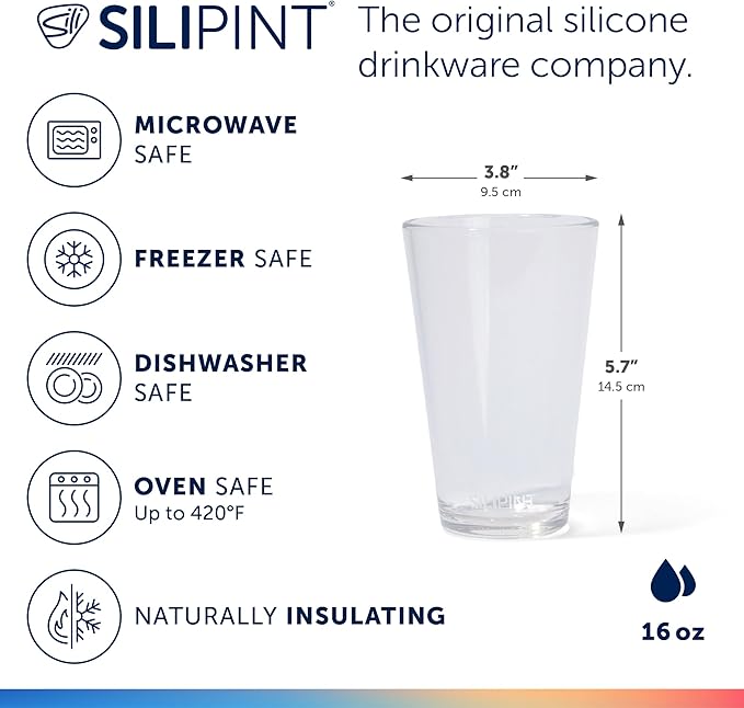 Silipint 2-Pack 16oz Silicone Pint Glass – Unbreakable, BPA-Free, Reusable Silicone Drinking Cup – Microwave & Freezer Safe – Stemless Glass for Coffee, Smoothies (Crystal Clear)