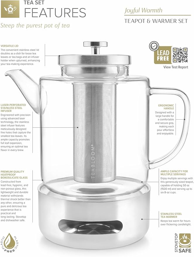 Teabloom Joyful Warmth Teapot with Tea Warmer – 50 oz (6+ Cups) Hand-Blown Borosilicate Glass, Stainless Steel Loose-Leaf Infuser, Heat-Resistant Kettle, Elegant Gift Set for Tea Lovers