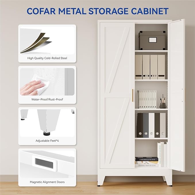 COFaR 71 in Tall Metal Storage Cabinet, Metal Cabinet with 4 Adjustable Shelves and Barn Doors, Farmhouse Cupboard Storage for Kitchen Pantry Garage Laundry, White 5-Tier