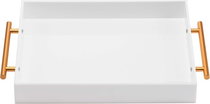Glossy White Acrylic Tray with Metal Handle,No Need to Assemble-Acrylic Tray for Ottoman,Coffee Table, Breakfast, Tea, Food, Butler - Decorative Tray (12x18 Inch, White)