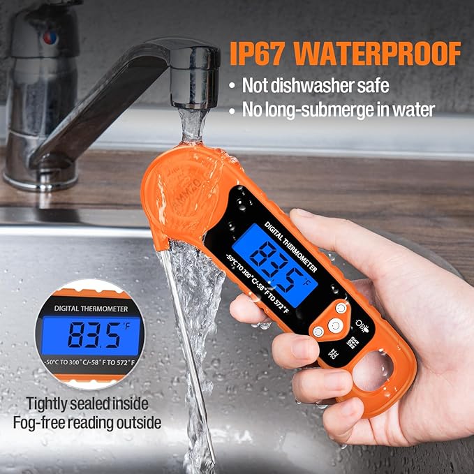 Digital Meat Thermometer for Grilling, Candy Thermometer Instant Read Food Thermometer Waterproof with Backlight for Cooking, Deep Fry, BBQ, Grill, Smoker and Roast (Orange)