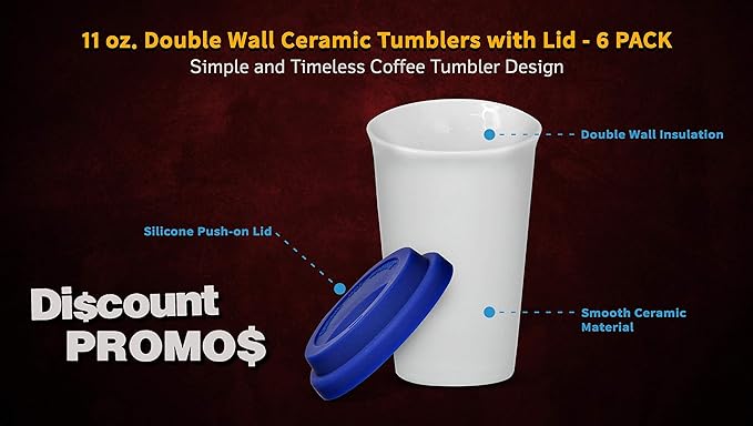 DISCOUNT PROMOS 11 oz. Double Wall Ceramic Tumblers with Lid - 6 Pack - Blue