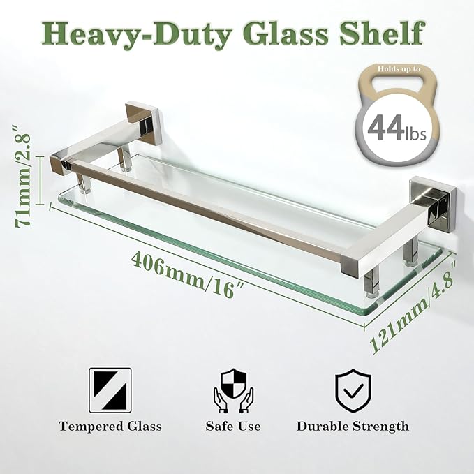 Alise Bathroom Glass Shelf with Stainless Steel Railing, Polished Chrome Small Tempered Glass Floating Wall Shelf Over The Toilet, 16 inch