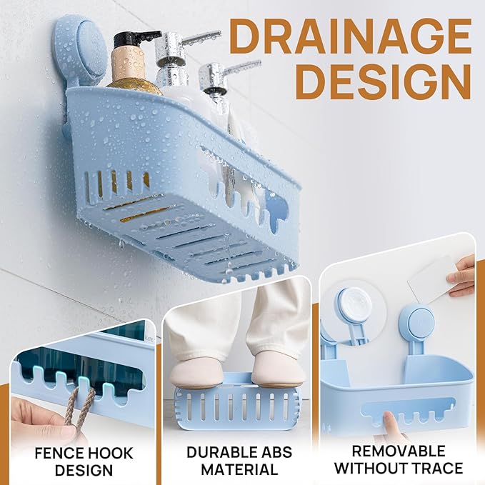 LEVERLOC Shower Caddy Suction Cup 2 Pack, Shower Organizer Removable Bathroom Shelf, Storage Suction Powerful Max Hold 22lbs Bathroom Caddy Waterproof Holder, Blue