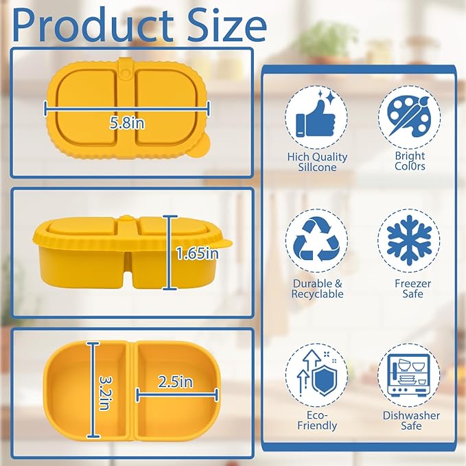 Portable 8.5oz Silicone Snack Boxes with Lids (2 Pack) - Double Compartment Reusable Containers for Snacks, Sauce, Dip | School, Office & Picnic Use (Multi-Color)