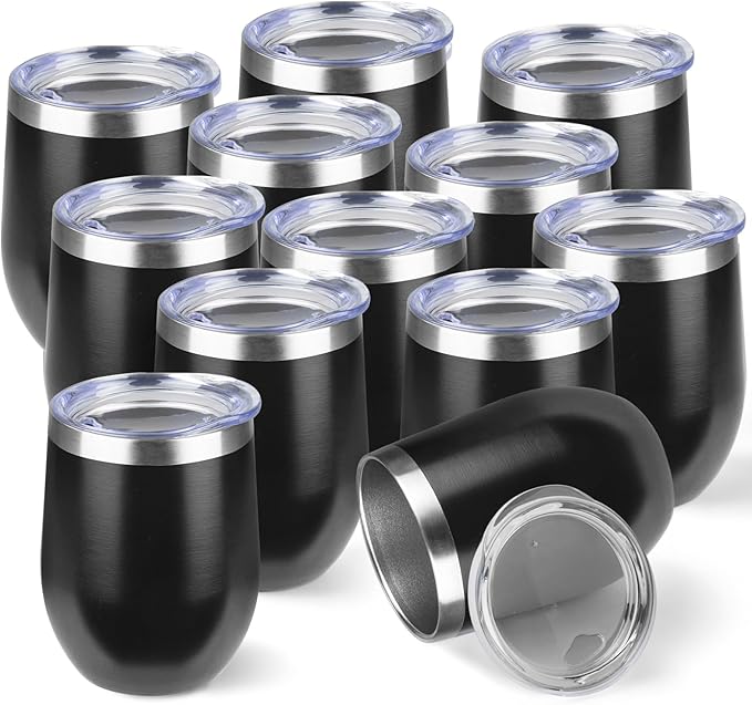 StarSpeed 12oz/12 Pack Wine Tumbler with lid, Stainless Steel Travel Mugs Stemless Double Wall Insulated Coffee Cup, Insulated Wine Glasses Travel Tumbler for Cold & Hot Drinks(Black, 12)