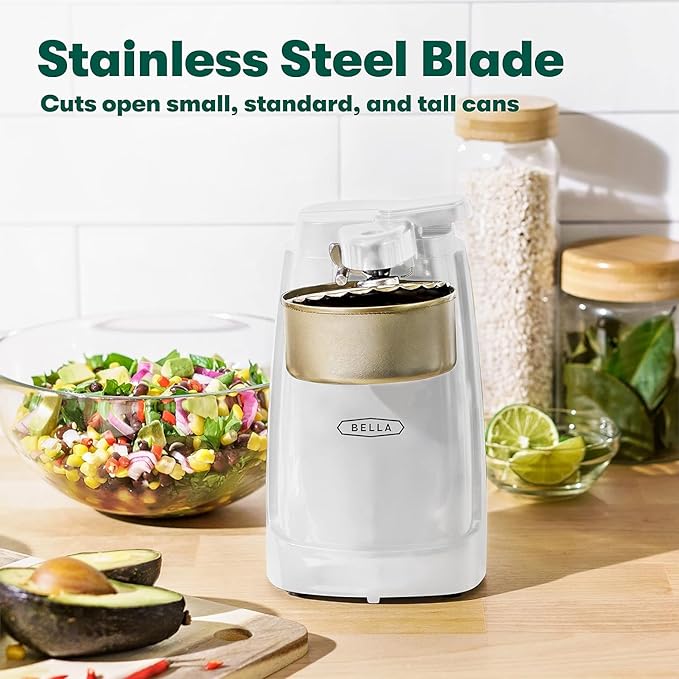 bella Electric Can Opener and Knife Sharpener, Removable Cutting Lever, Cord Storage, Stainless Steel Blade, White