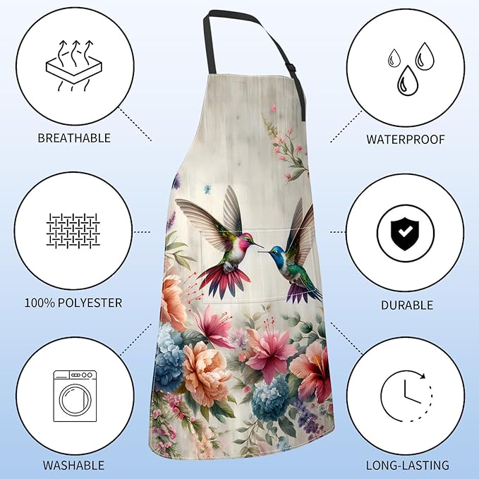 Bird Apron for Women with Hummingbird,28x33in,Floral Garden Kitchen Aprons with 2 Pockets,Oxford Fabric,Beautiful Adjustable Apron for Cooking Baking Gardening Chef,Gifts for Mom Wife