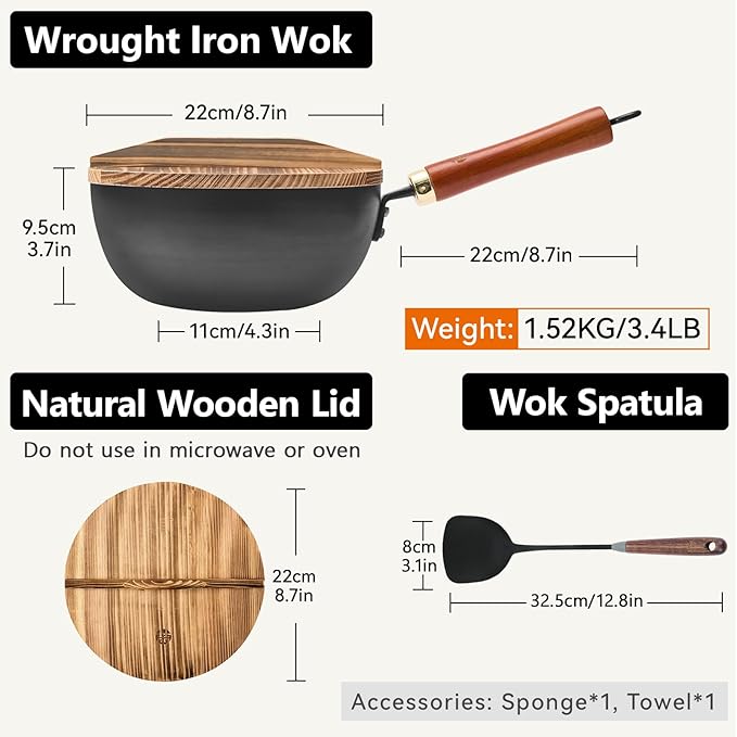 WANGYUANJI 8.7" Flat Bottom Iron Wok – Small Stir Fry Pan with Wooden Lid, No Coating, Induction Compatible, Ideal for Everyday Cooking