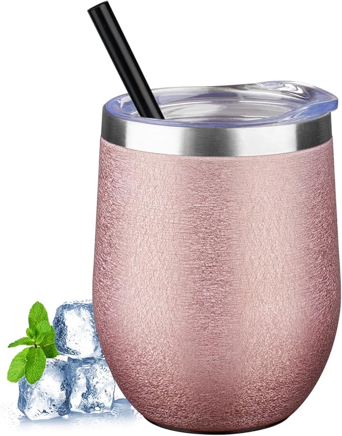 12 oz Insulated Wine Tumbler with Lid and Straw Double Wall Vacuum Insulated Wine Cup Stainless Steel Wine Tumbler Glasses for Coffee,Champaign,Office (Wrinkle Paint Rose Gold,1)