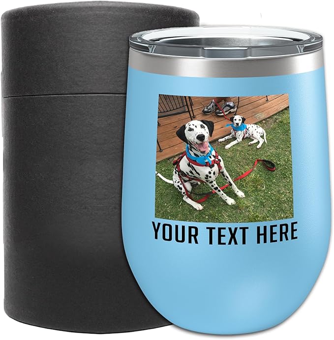 Personalized Mothers Day 12oz Photo Picture Printed Insulated Stainless Steel Powder Coated Stemless Wine Tumbler with Lid, Customized Mum Gift Idea Her, Custom Mom Coach Gifts Team (Light Blue)