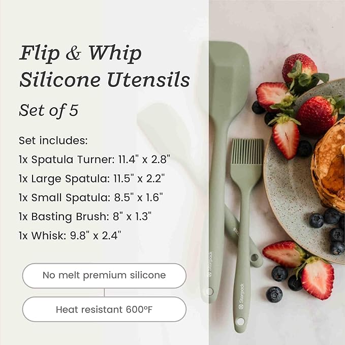 Starpack 'Flip & Whip' Premium Silicone Baking Utensils Set (5 Pcs) - 10" Green Cooking Utensils with Large and Small Spatulas, Whisk and Basting Brush - Heat Resistant to 600°F - Baking Tool Set