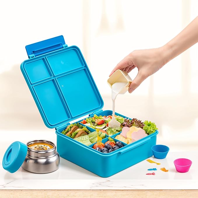 JSLOVE Bento Lunch Box with Leak Proof Thermos Food Jar for Kids, Food Lunch Containers for Boys with 4 Compartments, BPA-Free with Utensils, Food Picks, Sauce Jar & Silicone Lunch Box Dividers
