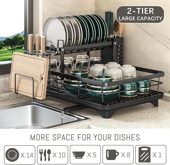 BCWW Drying Rack Kitchen, 2 Tier Dish Drying Rack, Space-Saving Large Dish Racks for Kitchen Counter with Drainboard Extendable Spout Strainers & Utensil Holder and Knife Slots (White)