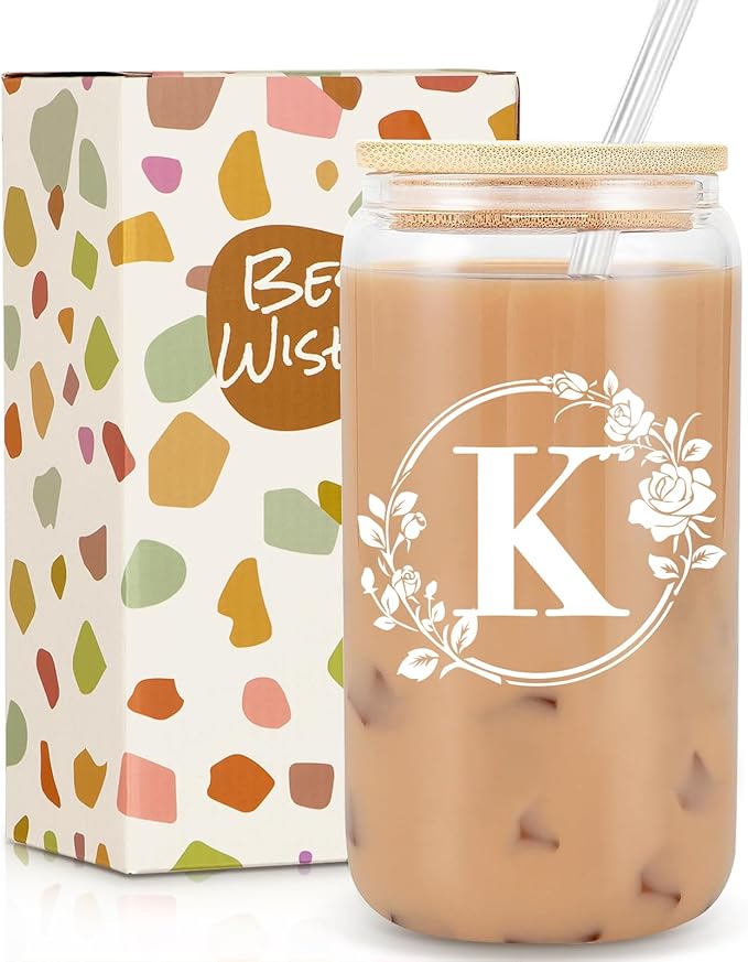 Birthday Gifts for Women, Monogrammed Initial Glass Cup Personalized Gifts for Women, 16oz Glass Cups with Lids and Straws, Iced Coffee Cup, Beer Can Shaped - Gift for Christmas, Birthday, K