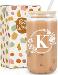 Birthday Gifts for Women, Monogrammed Initial Glass Cup Personalized Gifts for Women, 16oz Glass Cups with Lids and Straws, Iced Coffee Cup, Beer Can Shaped - Gift for Christmas, Birthday, K