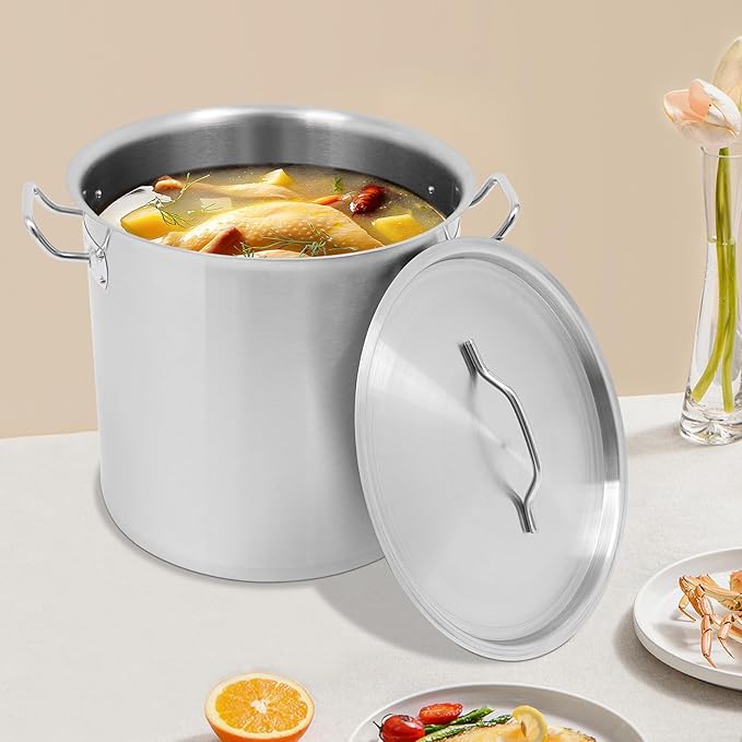 Large Stock Pot with Lid, Stainless Steel Cookware Stockpot, 34.9 Quart Heavy Duty Soup Pot with 2 Handles, All Stoves Compatible, Fast and Uniform Heating