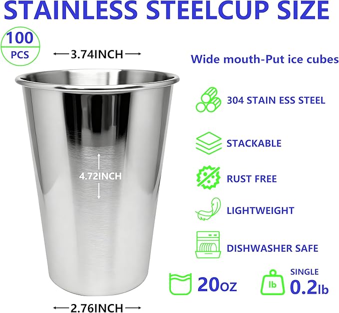 20oz 100PCS Stainless Steel Pint Cup,Pint Tumbler,Reusable metal Cups,Stainless Steel Water Tumbler,BPA Free,Stackble,Durable,Unbreakable Metal Drinking Glasses for Bar,Banquet Mugs (100, 20OZ)
