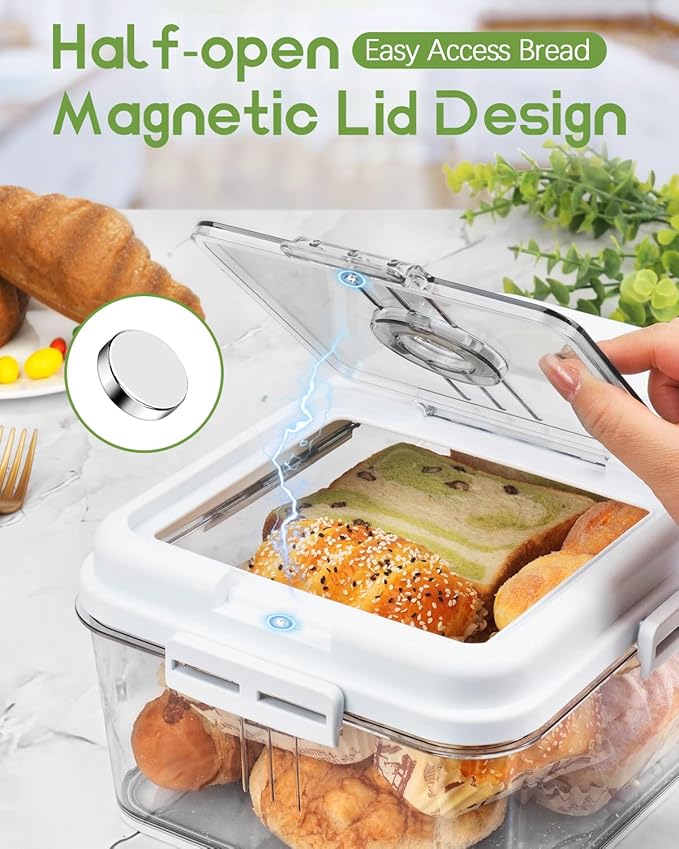 Dynta 2 Pack Bread Box for Kitchen Countertop Airtight Bread Storage Container with Lid Time Recording Plastic Bread Keeper for Homemade Bread, Toast, Loaf and Cookies
