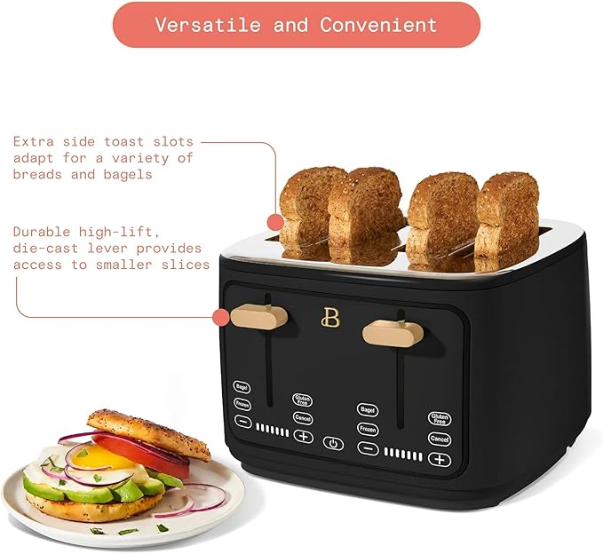 Beautiful 4-Slices Toaster with Touch-Activated Digital Display, Extra-Wide Self-Adjusting Slots, Adjustable Shade Control by Drew Barrymore (Black Sesame)
