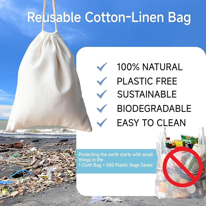 Simple&Opulence 12-Pack 10” x 12” Linen Cotton Drawstring Bags Reusable Grocery Sacks, DIY Craft Sachet Sacks Storage Cloth Bags for Party Wedding Home Bulk Produce Bags, Washable, White
