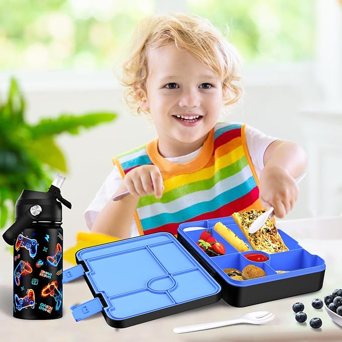 Bevalsa Kids Bento Lunch Box with 6 Compartment, Stainless Steel Metal Water Bottle, Insulated Bag & Utensils, BPA-Free Leakproof Food Container for School Boys Girls, Back To School Gift