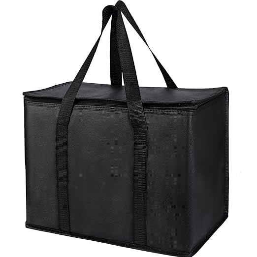 2 Pack Additional Bottom Plate Black Insulated Grocery Shopping Bag, Delivery,Pizza,Reusable Bags, Sturdy Zipper,Collapsible,Tote,Cooler,Thermal,Beach,Waterproof Heavy Duty