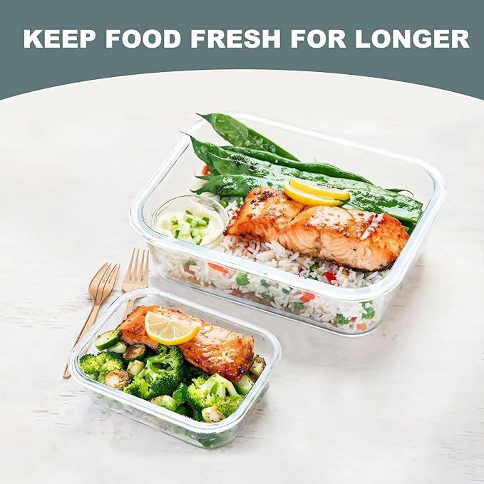 KOMUEE 10 Pack Glass Food Storage Containers, Meal Prep Containers with Lids, Airtight Glass Lunch Boxes, Freezer, Oven, and Microwave Safe, White