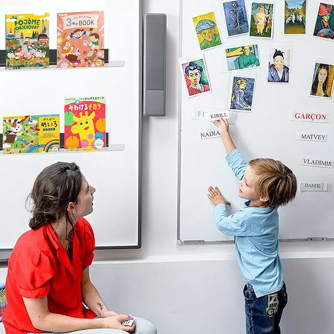 2 Pack Magnetic Book Shelf for Classroom, Strong 8.8lb Magnet Acrylic Whiteboard Shelves, Teacher Supplies Organizer for Kids Books, Posters, Flash Cards, Classroom Accessories Storage (transparent)