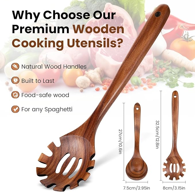 Wooden Spoons for Cooking,Pasta Fork and Ladle Spoon Set - 2Pcs Natural Teak Wood Non-Stick Kitchen Utensils for Cooking, Serving Pasta, Soup, Sauce