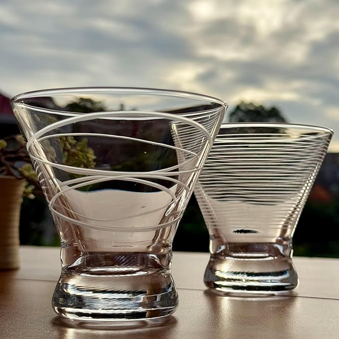 Etched Martini Glasses Set of 4 - Crystal Cocktail Glasses, Stemless Martini Glass for Bar, Martini, Cosmopolitan, Manhattan, Gimlet, Pisco Sour Brandy, Margarita Glasses, Dessert Cups, 8oz