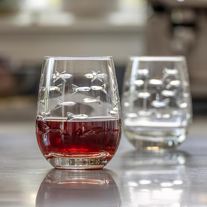 Rolf Glass School of Fish Clear Stemless Wine Glass | Set of 2 Stemless Glasses | 15oz Glass Tumblers | Engraved Lead-Free Coastal Glassware | Made in the USA