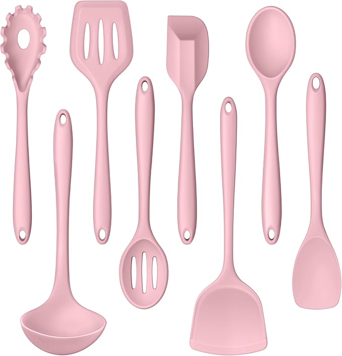 LIANYU Kitchen Silicone Utensils Set, 8Pcs Cooking Utensils Spatula Set for Nonstick Cookware, Heat Resistant Kitchen Gadgets Include Silicone Spoon, Turner, Spatula, Ladle, Dishwasher Safe, Pink