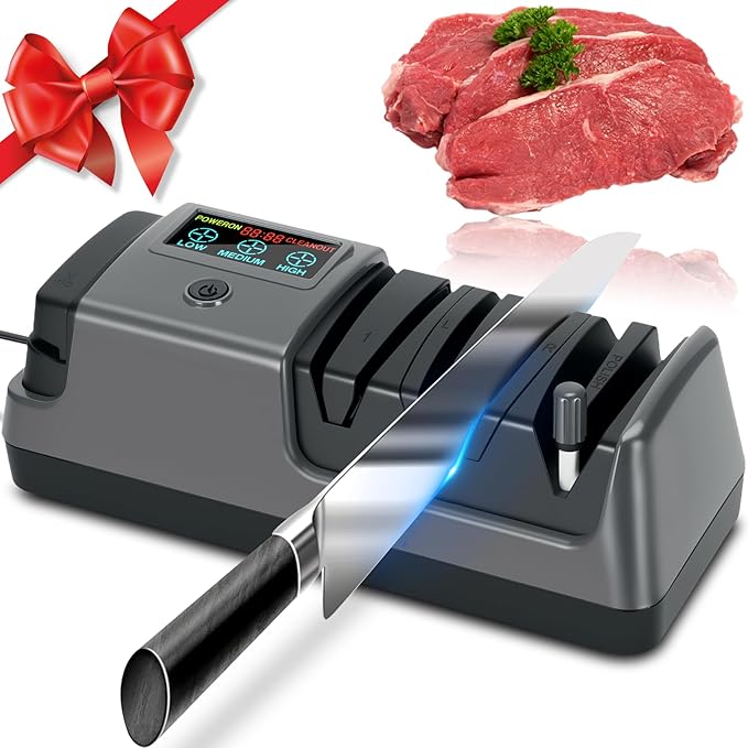 Electric Knife Sharpener with LCD Screen for Straight, Serrated, Meat Cleaver, Ceramic Knives & Scissors, 3 Rotational Speed Adjustable Electric Kitchen Knife Sharpener, 100% Diamond Abrasives
