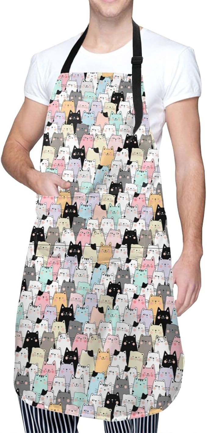 Cat and Dogs Animals Adjustable Bib Neck Chef Aprons, Kitchen Bbq Waterproof Apron with 2 Pockets For Mom Dad