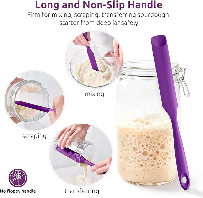 U-Taste Silicone Jar Spatula for Sourdough Starter: Long Skinny Food-Grade Jam Spreader, Sturdy Stirring Stick Bowl Scraper with Flexible Spoon Tip, Mixing Icing Tool, Peanut Butter Knife (Purple)