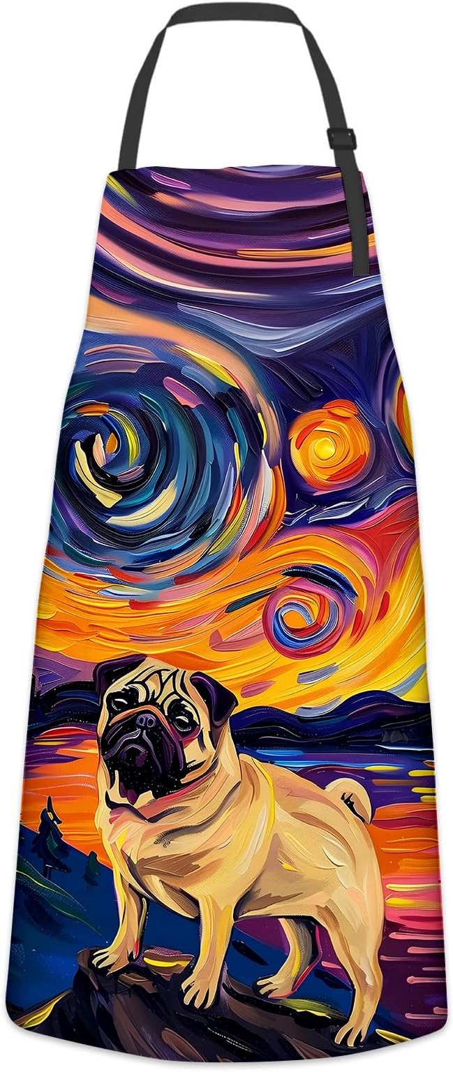 Cute Pug Dog Apron for Women Men, Cooking BBQ Chef Polyester Lightweight Starry Night Aprons with Pockets for Baking Kitchen Gardening Cleaning, Adjustable Neck Strap, 28×33inch