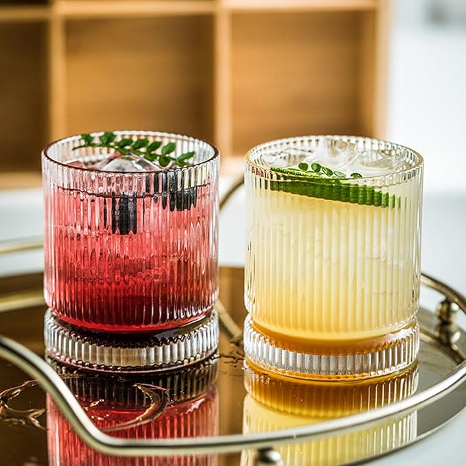 Ribbed Glass Cups Set, 13oz Vintage Drinking Glassware Set, 4 Piece Premium Glassware, Elegant Mixed Glassware Set, Origami Style Cocktail Glasses, Great for Cocktail, Whisky & Beverages (4PCS)