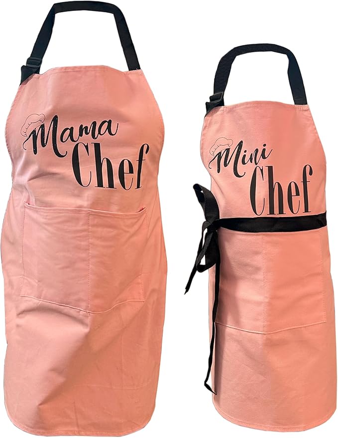 Mother, Daughter Apron Set | (2 pcs) Mama Chef plus Mini Chef Matching Aprons | Cooking Baking Adjustable Mom and Child Pink Aprons | Mother’s Day, Christmas Mommy and Daughter Kitchen Aprons