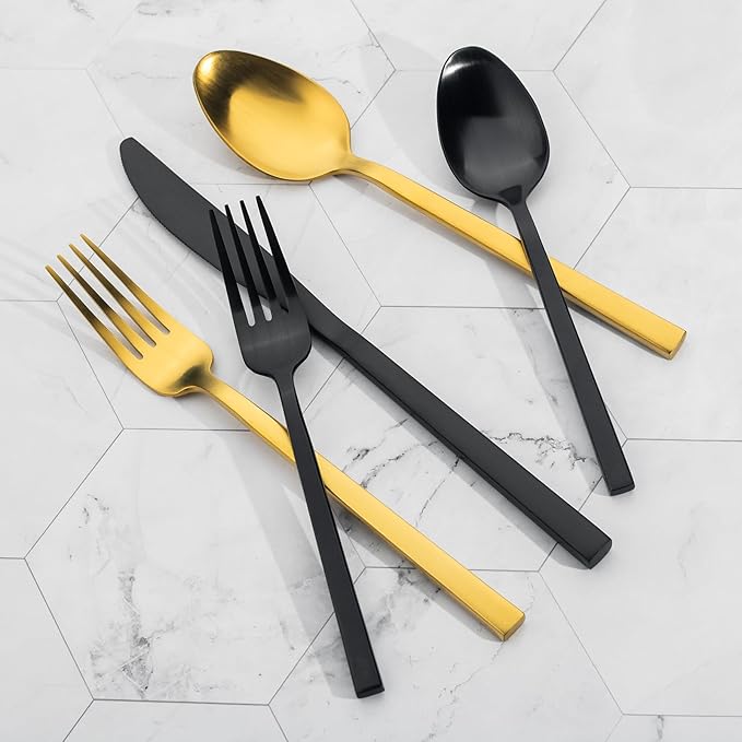 Alata Cube Mixed Black & Gold 40-Piece Forged Silverware Set Stainless Steel Flatware Set,Service for 8,Matte Satin Polished Cutlery Set,Dishwasher Safe