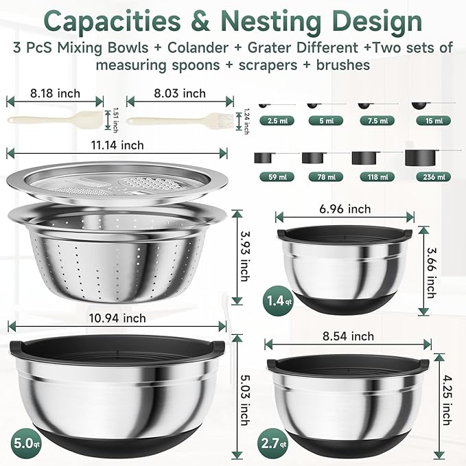 Mixing Bowls with Airtight Lids, Stainless Steel Nesting Bowl Set (1.4/2.8/5QT) with Colander, Grater, Measuring Spoons, Spatula & Oil Brush – Non-Slip Bottom Kitchenware Set (Black)