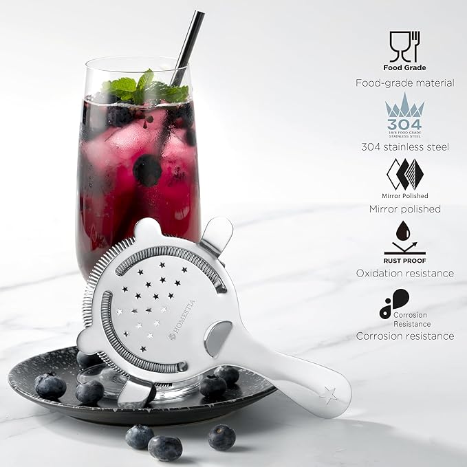 Homestia Hawthorne Strainer, Cocktail Strainer for Drinks, Stainless Steel Bar Strainers for Home Bar and Professional Bartenders, Martini Strainers for Boston Shaker Mixing Glass (Silver)