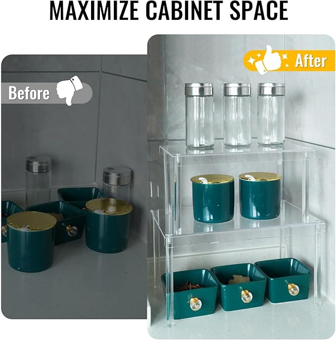 Spice Organization for Cabinet, 2 Pack Stackable Acrylic Shelf Set, Versatile Spice Rack Organizer for Kitchen Pantry, Countertop, Bathroom, Office, Apartment, Ideal for Small Spaces and Gift Giving